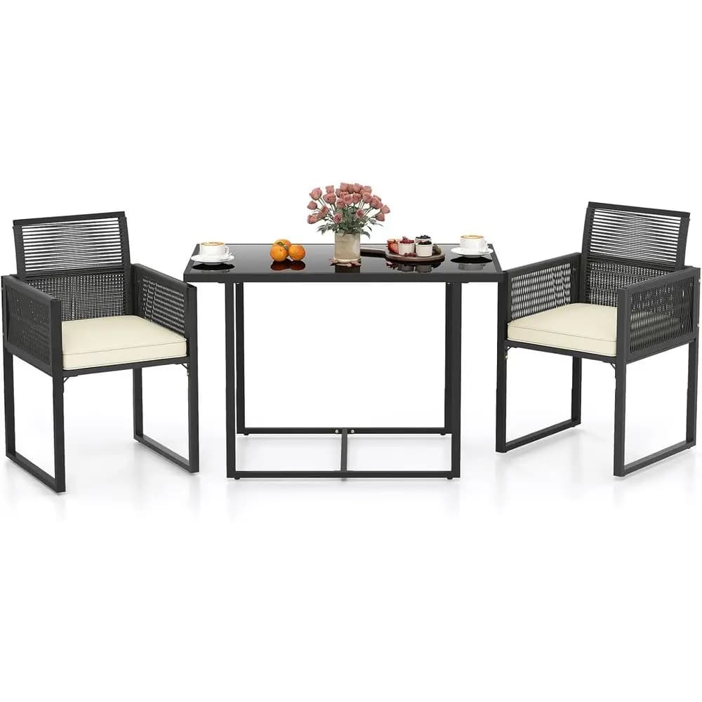 3 piece garden furniture set with cushions, tempered glass top, chairs and wicker table, ideal for balcony, poolside, black
