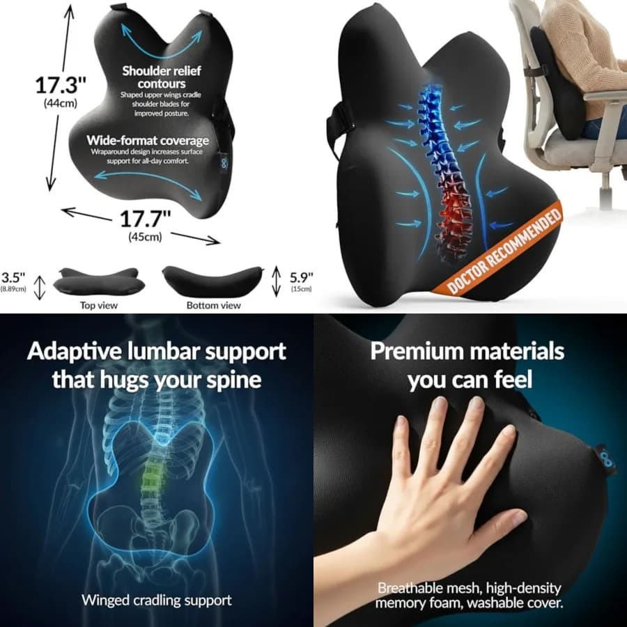 Cuscino di Supporto Lombare per Sedia da Ufficio - Cuscino in Memory Foam per Sedile Auto - Favorisce una Migliore Postura, Allevia il Dolore alla Schiena - Id