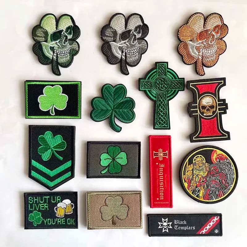 Lucky Grass,Four Leaf Trefoil Grass,Skull Badge Clothes Applique Embroidery Patches,Military EmblemTactical Backpack Stickers
