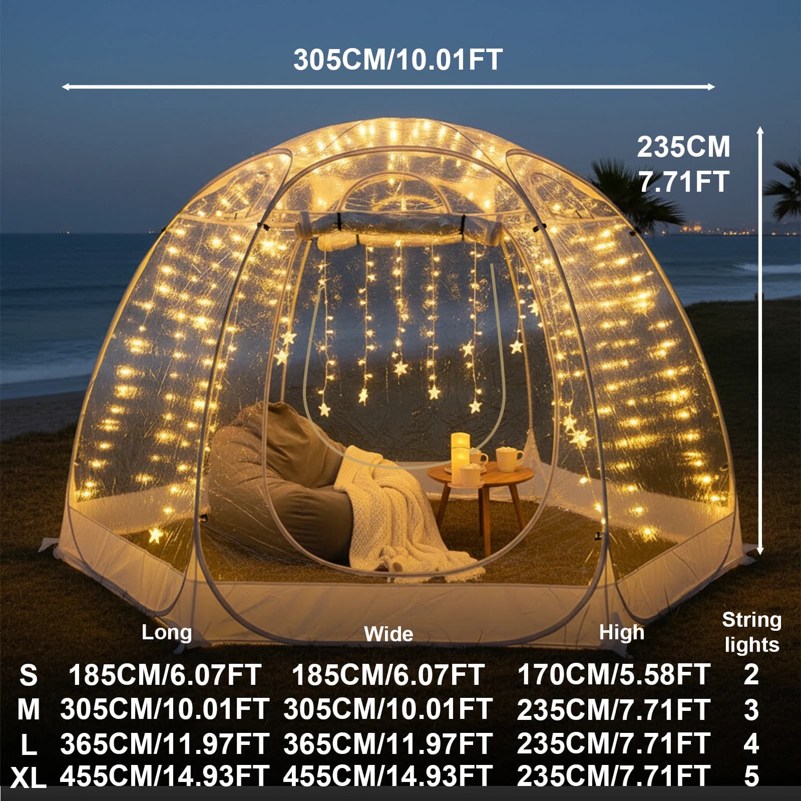 Tenda a Bolla Quick-Set per Campeggio, Resistente al Vento e al Freddo, in PVC, con Luci a Corda per Atmosfera Notturna, Riparo per Campeggio all'Aperto