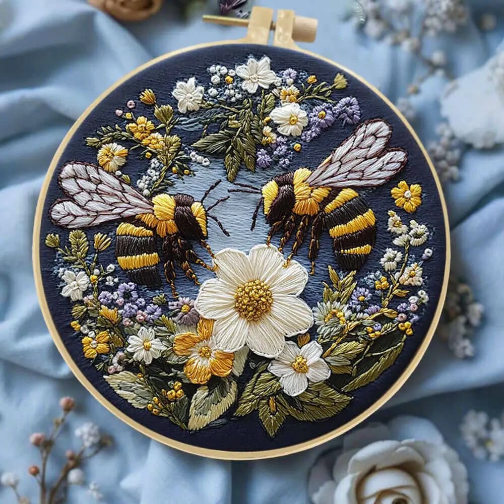 1Pc Bees Flower Embroidery Kit With Needles Hoop Threads, Suitable For Bedroom Handmade Gift Home Decor