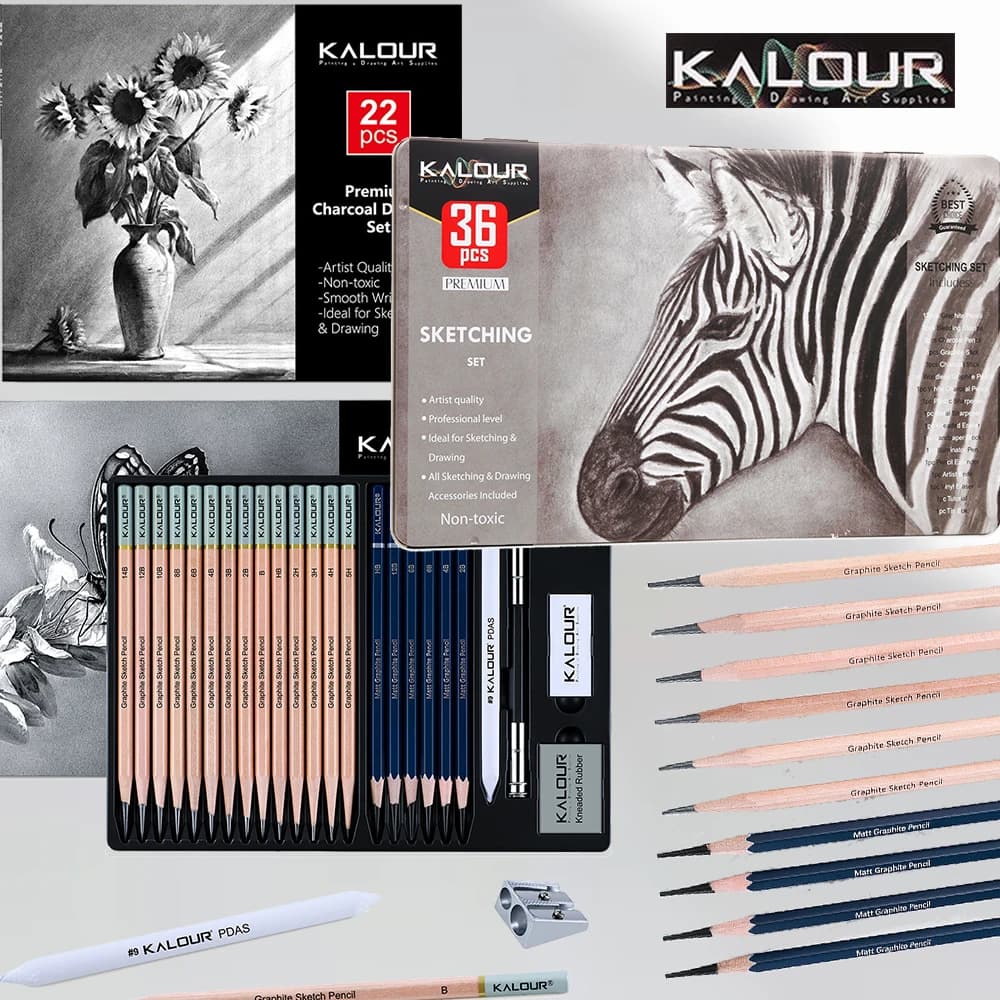 KALOUR Sketching Pencil Set 36/25/22pcs Non-Reflective Graphite Pencils for Smooth/Deep Shading Professional Artist Student Tool