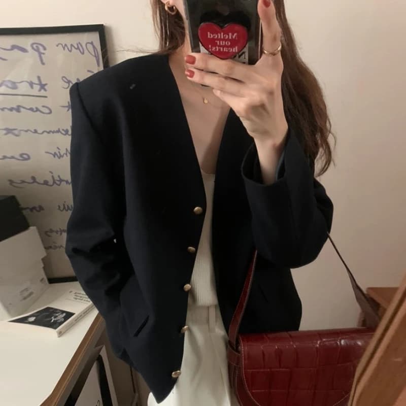 Chic Vintage V-Neck Long Sleeve Heavy Metal Single Button Loose Versatile Women's Suit Jacket for Autumn Fashionable All-Match