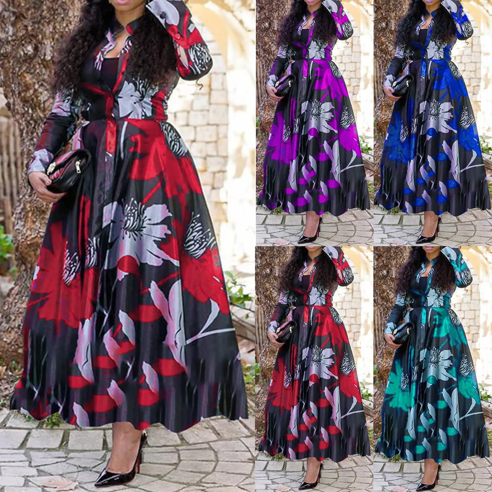 2024 New Women's A-Line Dress Four-Sided Elastic Digital Print Dress High Waist Chiffon Long Sleeve V-Neck Single Button Skirt