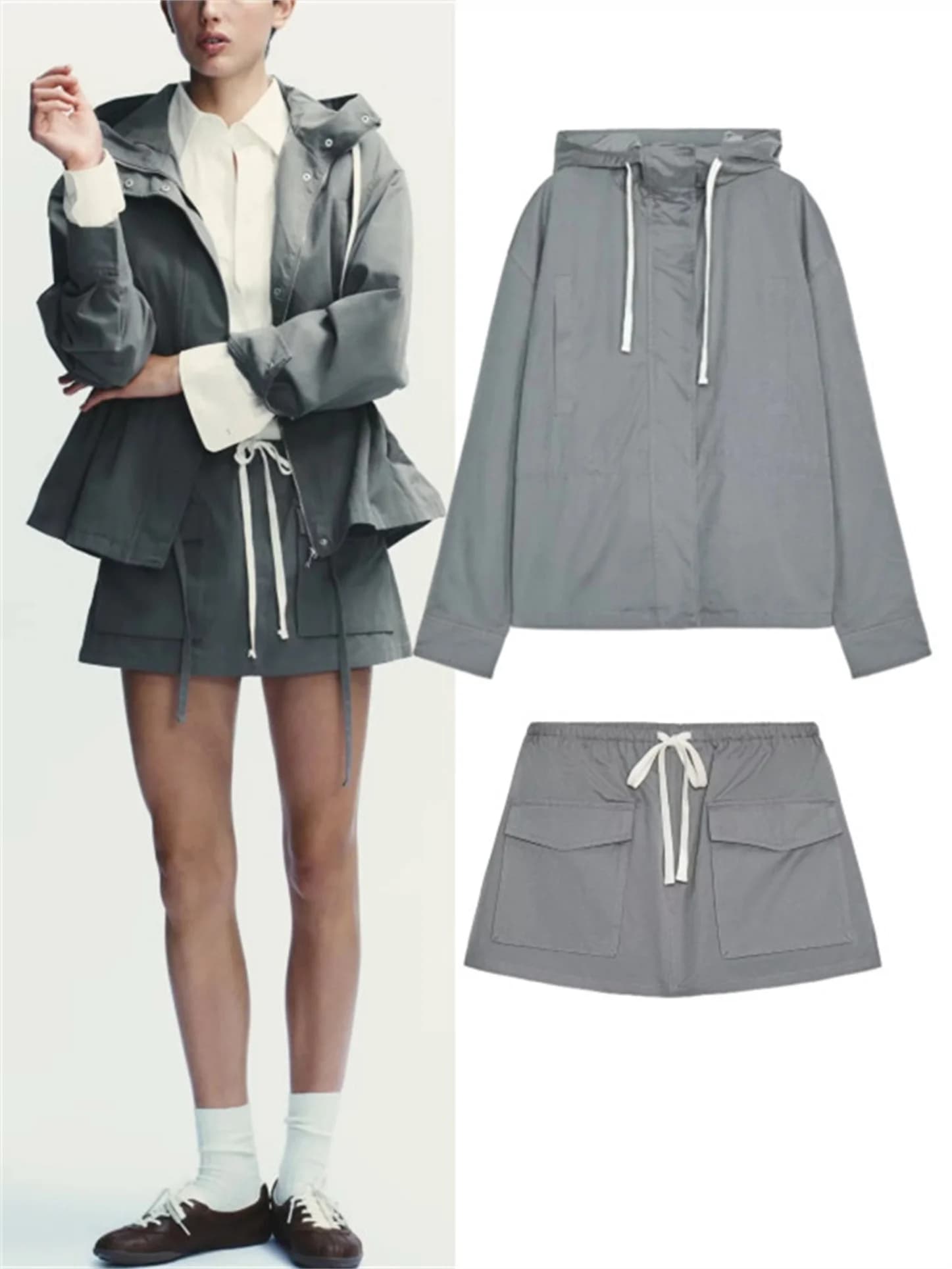 Casual Style Hooded Jacket Women's Workwear Waist Length Skirt Pants Two-Piece Set Drawstring Design Long Sleeve round Neck