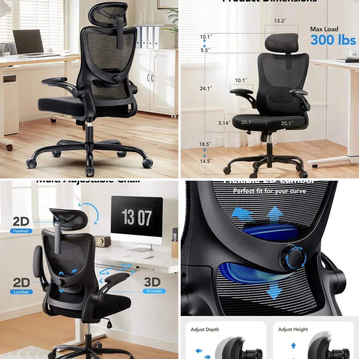 Ergonomic Office Chair, High Back Computer Desk Chair with Adjustable Lumbar Support and Headrest, Comfy Gaming Chair with 3D Ar