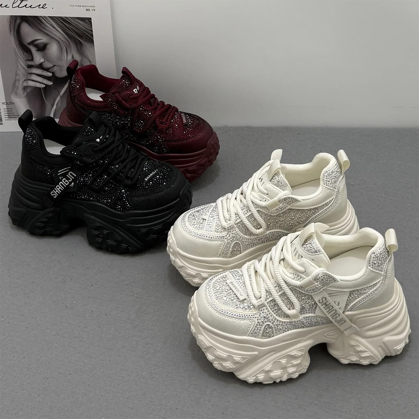 Thick Soles Height Increase Casual Sports Shoes Women Bling Crystal 8cm High Heels Platform Pumps Female Lace Up Chunky Sneakers