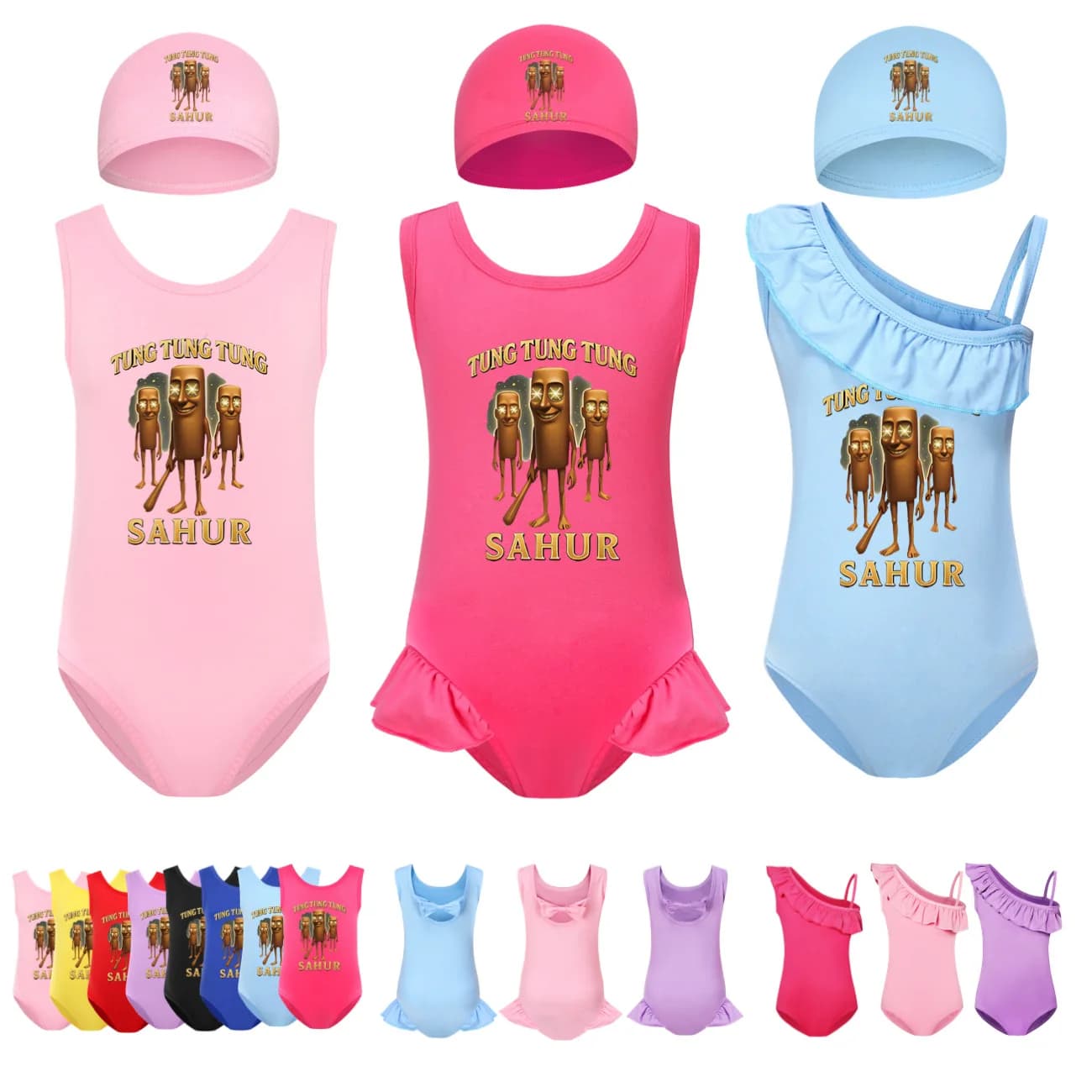 Kids swimsuits Tung Sahur BeachWear with hood 2 pieces Set without sleeves swim for girls Catnap Swimsuit4701