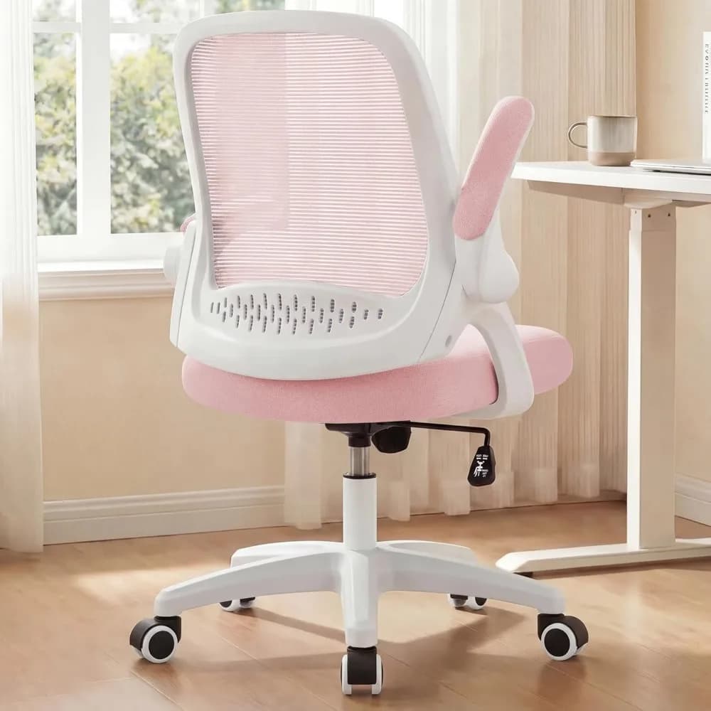 Sedia Girevole Ergonomica in Rete con Supporto Lombare Regolabile, Braccioli Ribaltabili e Ruote per Casa, Ufficio e Gaming, Rosa