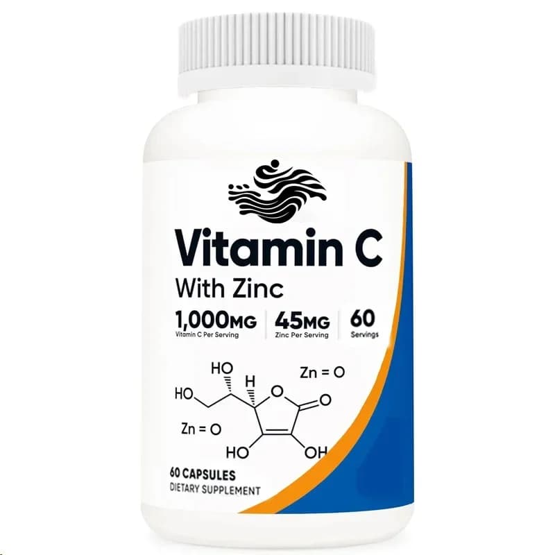 Capsule di integratore di zinco di vitamina C, vitamina C da 60-1000 mg, zinco da 45 mg, non OGM, senza glutine