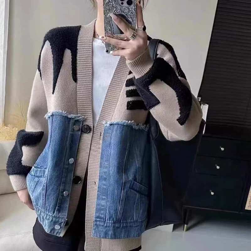 Primavera e autunno nuovo design di nicchia francese maglione con scollo a V moda allentata versatile giacca maglione lavorato a maglia con giunture in denim per le donne