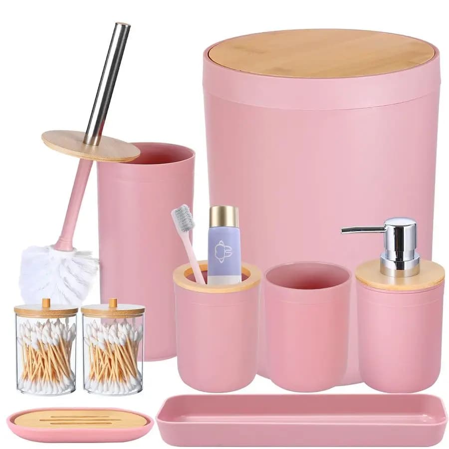Set di accessori da bagno rosa da 9 pezzi con cestino per rifiuti, spazzola per WC, portaspazzolino, dispenser per sapone liquido, portasapone, portaspazzolino