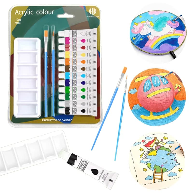 9ml 12 Color Acrylic Paint Set with Brush Palette Bright Colors for Canvas Stone Wood Ceramic Plastic Painting Graffiti