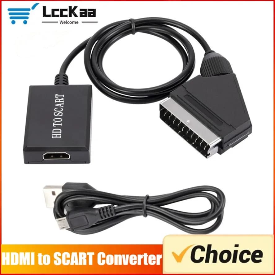 LccKaa 1080P HDMI compatible with SCART Video Audio Luxury Converter HD DVD TV Adapter for Sky Box STB Plug and Play DC Cable
