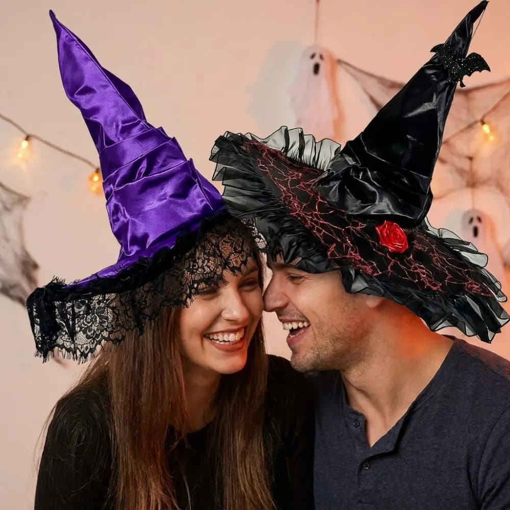 Gothic Halloween Wrinkled Witch Hat with Bat Spooky Spider Web Twisted Wizard Cap Dark Style Lace Trim Cosplay Party Witch Hat