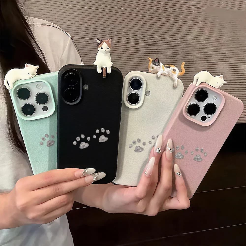 Cute 3D Cartoon Lying Cat Lychee Leather Case For iPhone 17 11 12 13 14 15 16 Pro Max 17 Air 16 15 Plus iPhone17 17 Phone Cover