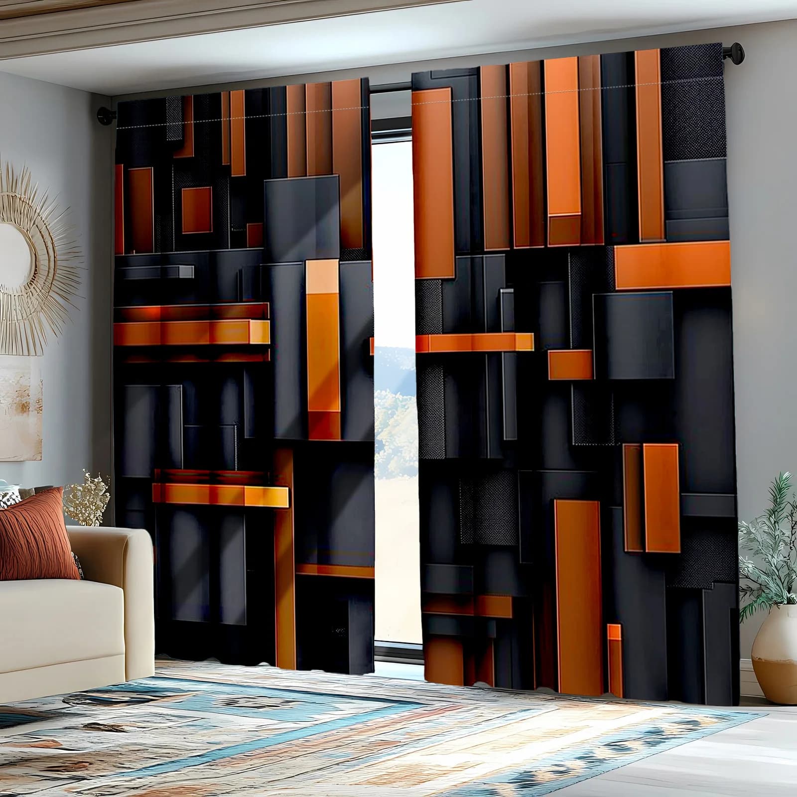 Black Orange Geometric Curtains Modern Abstract Drape with Block Pattern for Living Room Bedroom Window Treatment Home Decor