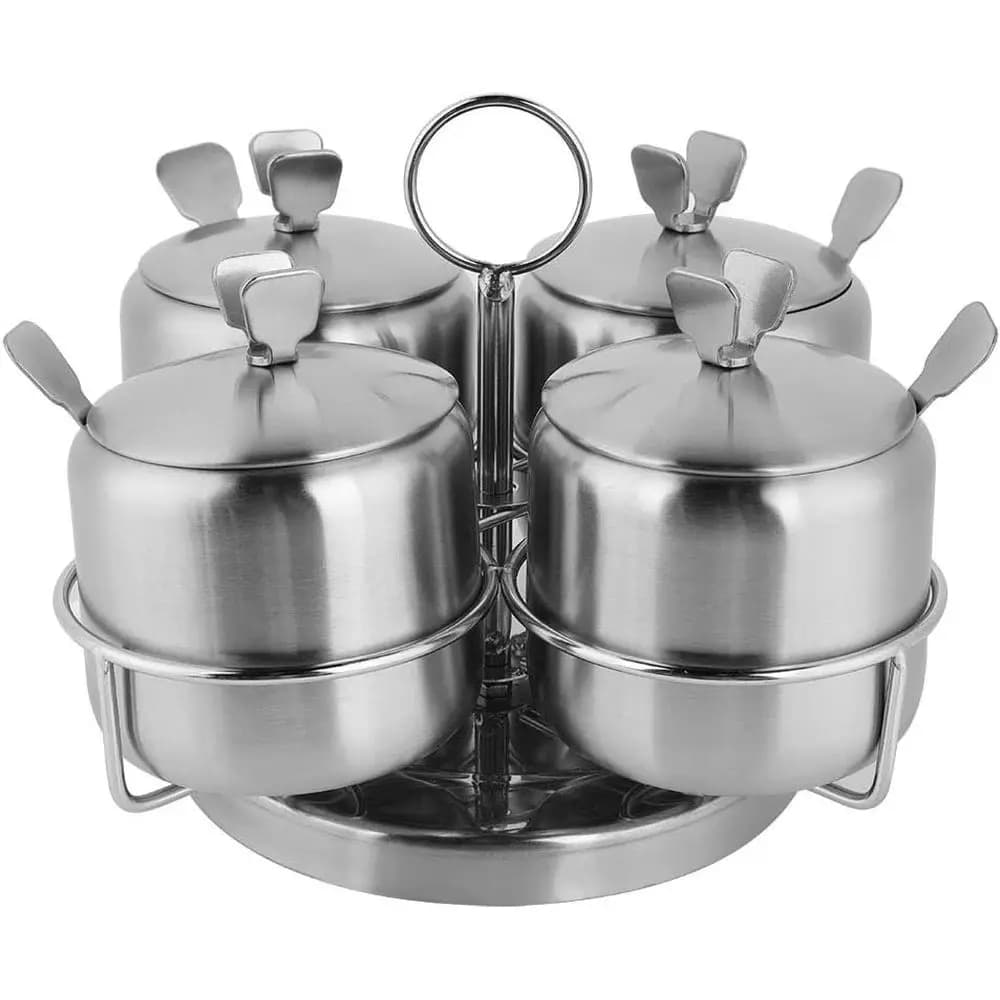 Set di 4 Barattoli Girevoli per Spezie in Acciaio Inox, 12oz/350ml, con Supporto, Coperchi e Cucchiai per Condimenti da Cucina