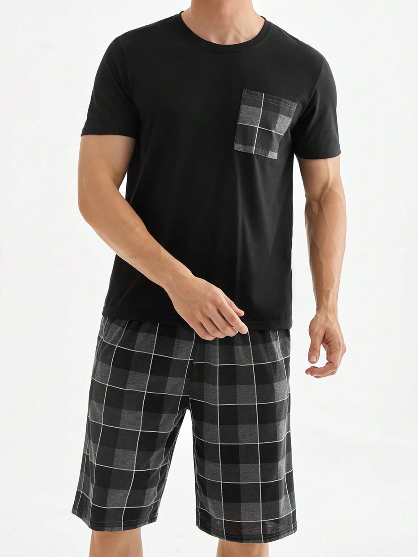 Black and blue square men's pyjamas with pockets, set 2 pieces: short sleeve shirt and shorts, comfortable leisure clothing