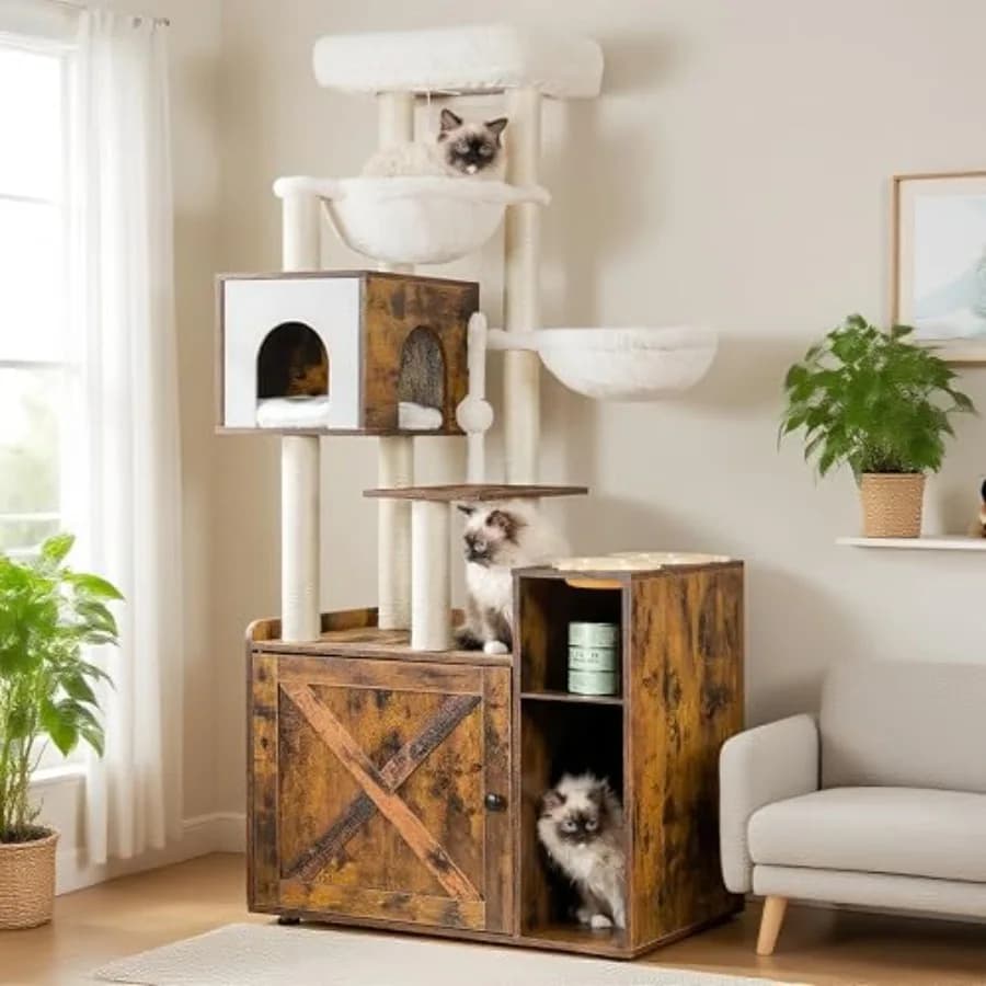 Albero per Gatti con Box Lettiera Integrato, Torre Moderna per Gatti da Interno con Ampia Piattaforma, Cuccia, Stazione Cibo e 2 Amache - Tutto in Uno