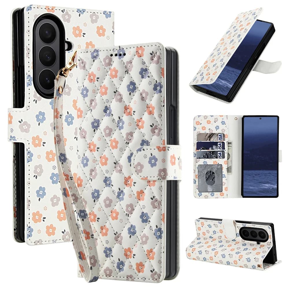 Luxury White Leather Colorful Flowers Wallet Flip Phone Case For Samsung Z Fold 7 6 5 4 5G Soft Wrist Strap Shockproof Cover