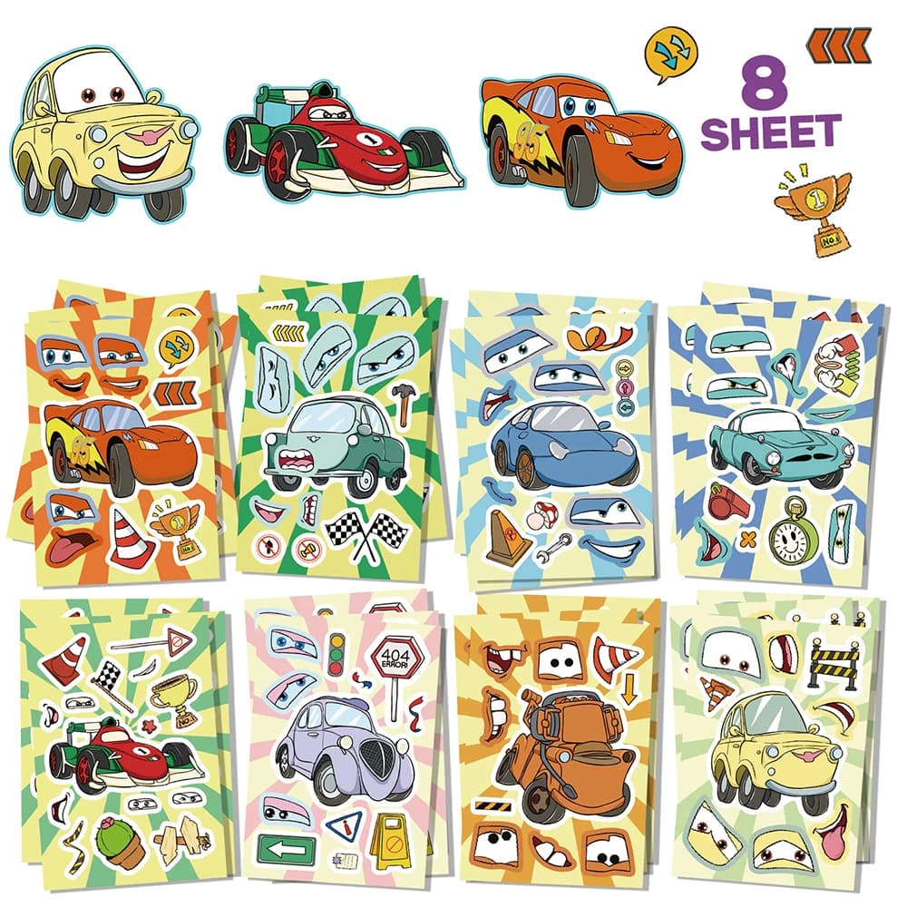 8/16 Fogli di Adesivi Puzzle Disney Cars con Lightning McQueen, Crea un'Espressione, Gioco Educativo Fai-da-Te
