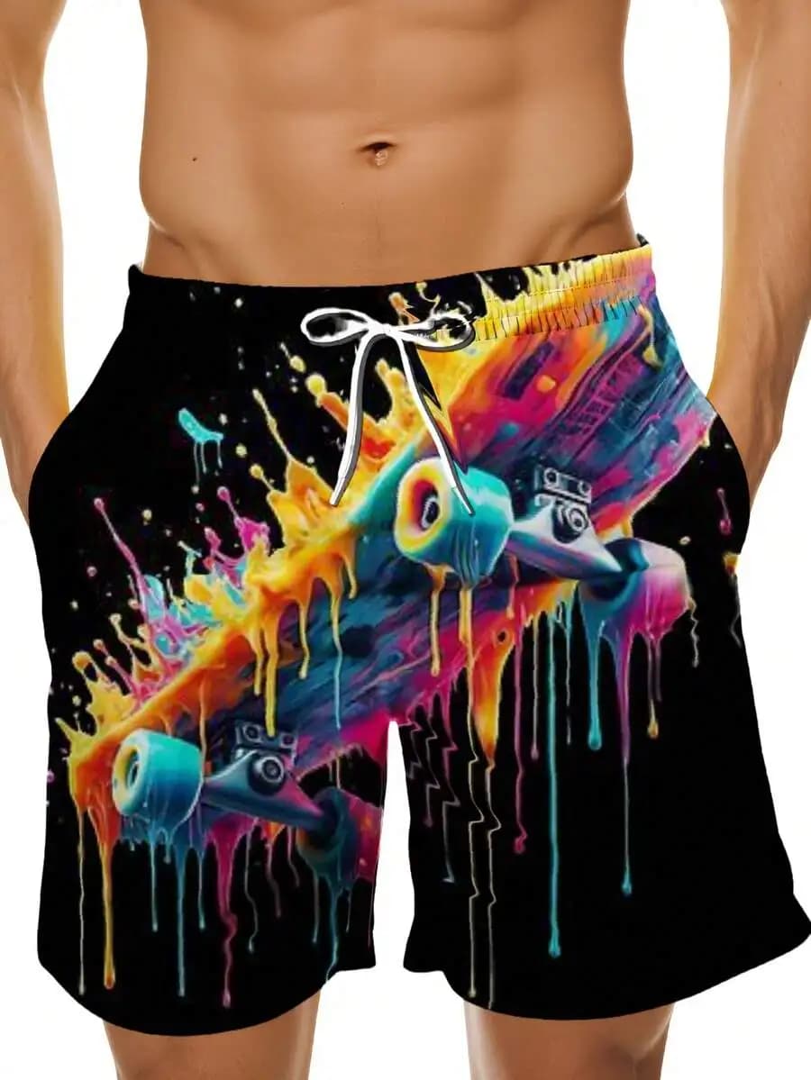 Colorful Skateboard Paint Splash Mens Swim Shorts Summer Beach Board Shorts With Drawstring