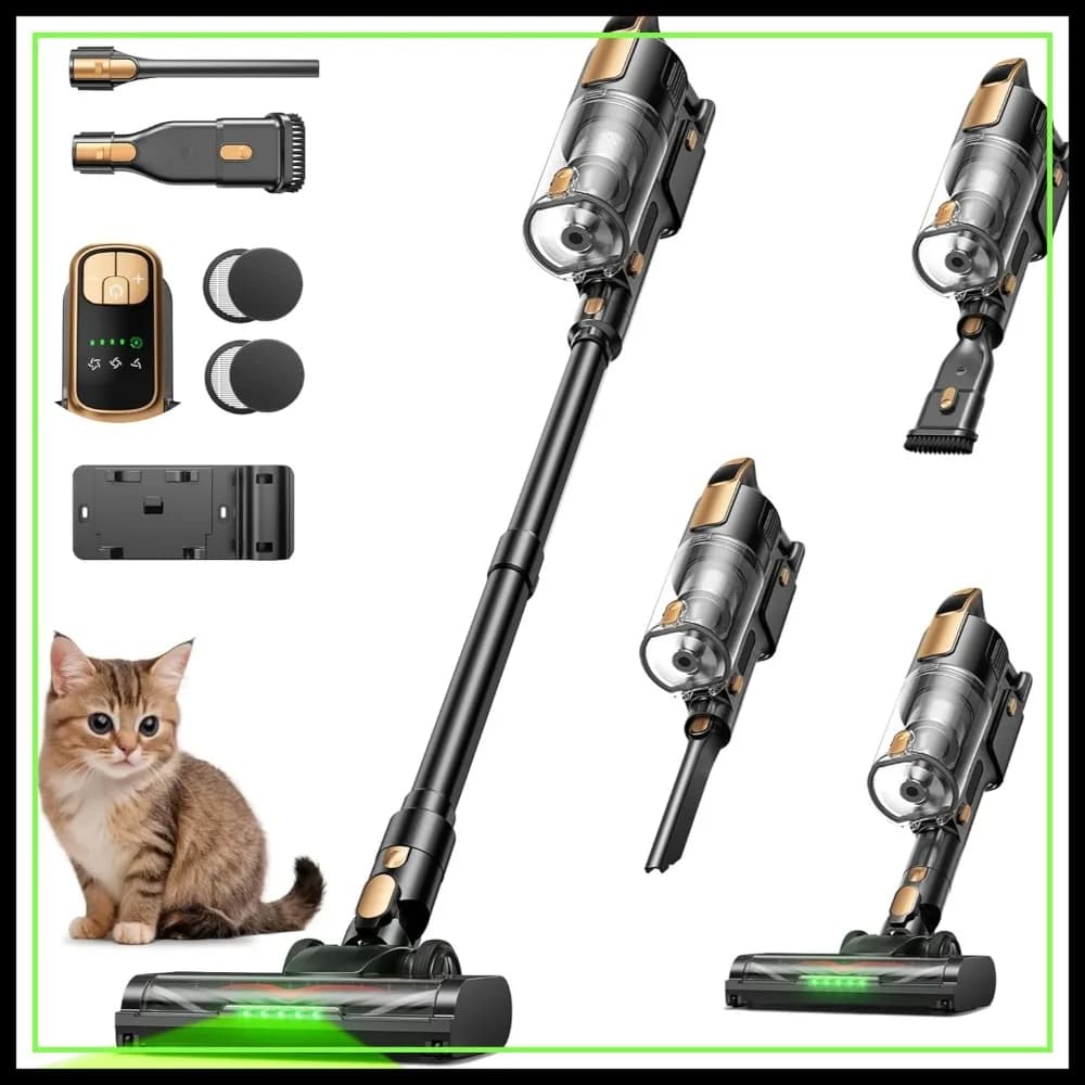 Aspirapolvere Senza Fili, 550W 45KPa 55 Minuti, con LED Verde, Autoportante Anti-Groviglio, Leggero per Peli di Animali Domestici/Tappeti/Pavimenti Duri