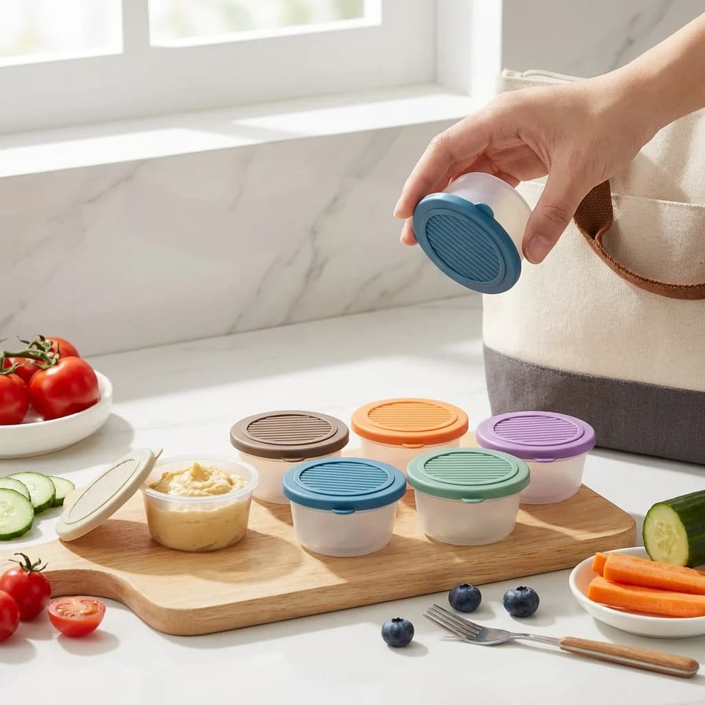 Set da 2/6 Pezzi Contenitori Riutilizzabili per Salse, Portatili per Picnic, Sigillati in Plastica con Coperchio, 50ML Mini Contenitori per Condimenti e Salse per Insalata