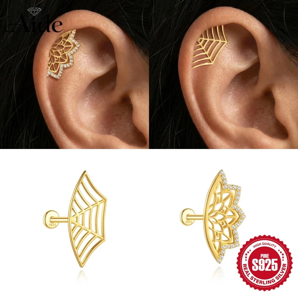 AIDE 925 Sterling Silver Skeletonized Lotus Flower/ Smooth Spider Web Flat Back Piercing Earring INS Personalities Gifts