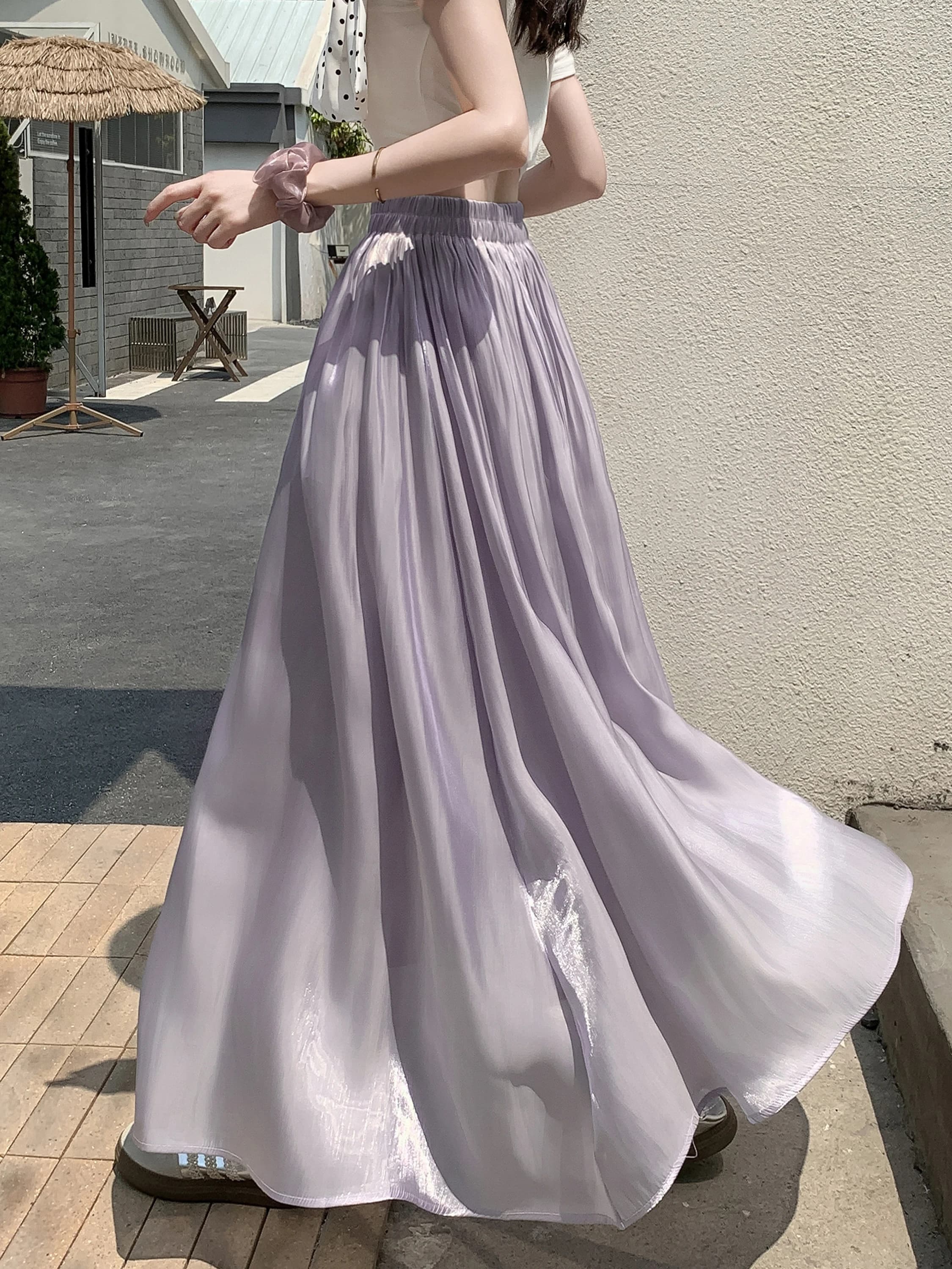 Purple Shiny Silk Georgette Half-length Skirt Women's Autumn Summer Thin Ice Silk Draping Long A-line Skirt High Waist Design