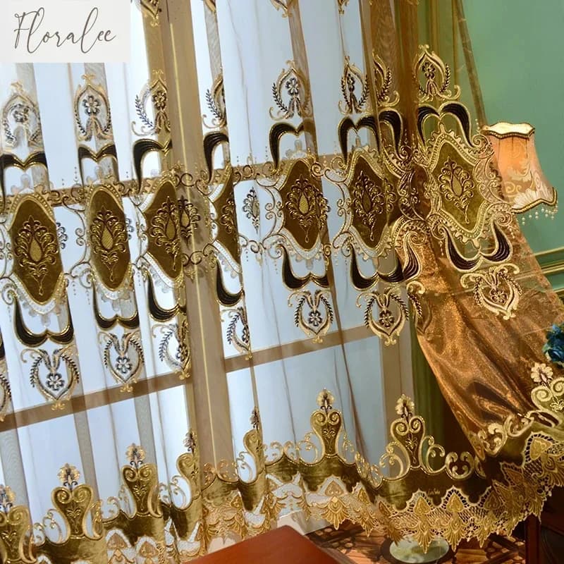 European Style Golden Embroidered Curtains For Living Room Bedroom Villa Blackout Thickened Chenille Curtains Tulle Lace Custom