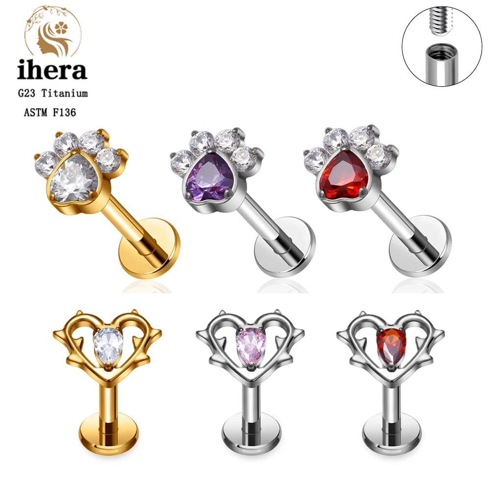 Piercing a cuore in titanio ASTM F136 con zirconia cubica, 16G, con base piatta, per labret, labbra, orecchio, cartilagine, elice, trago, lobo, conchiglia