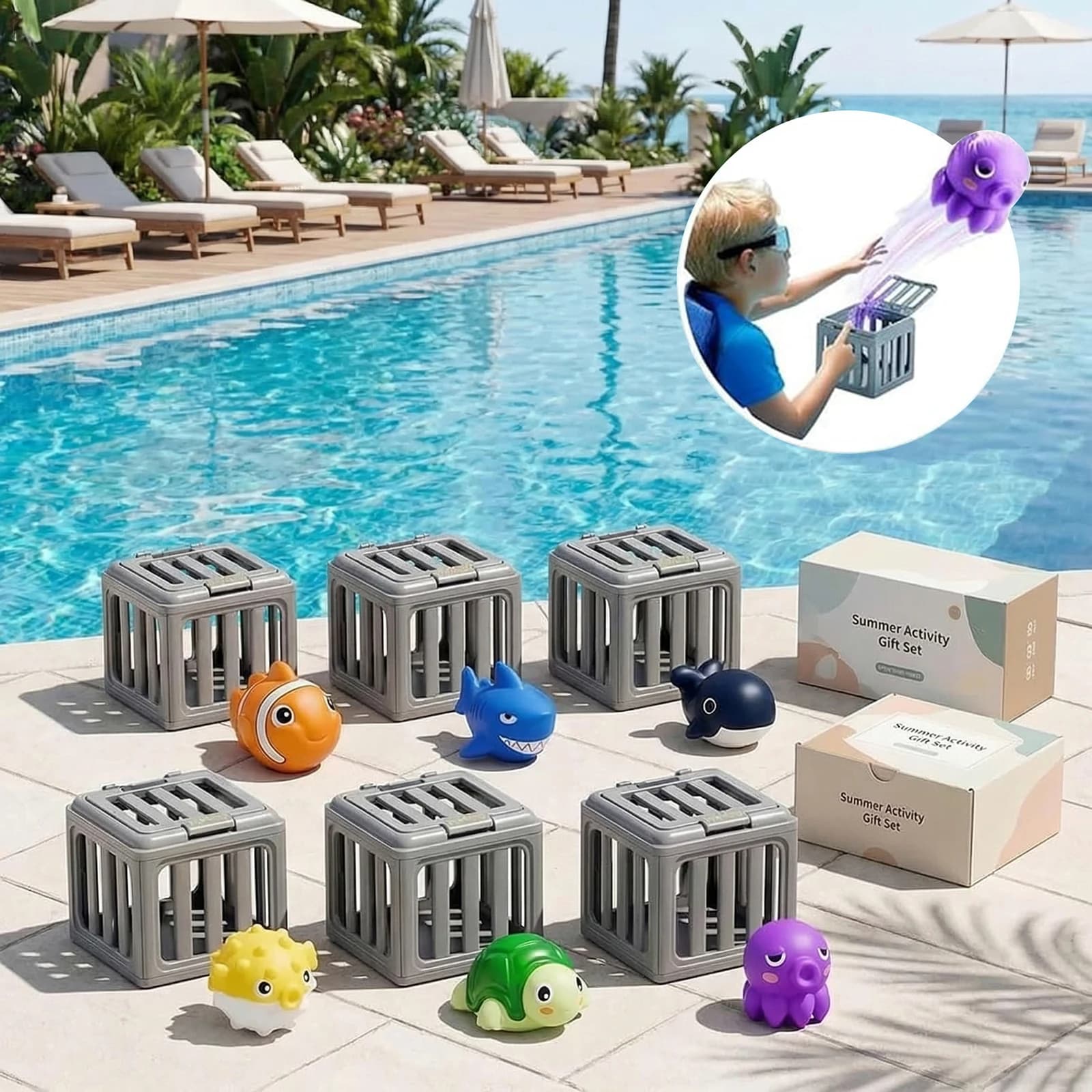 Giocattoli da immersione per piscina per bambini con scatola a forma di pesce, animali galleggianti, set da bagno per neonati, giocattoli divertenti per ragazzi e ragazze, regalo per feste in spiaggia all'aperto