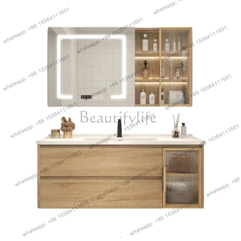 Mobile bagno in legno massello color legno naturale con specchio integrato e lavabo in ceramica