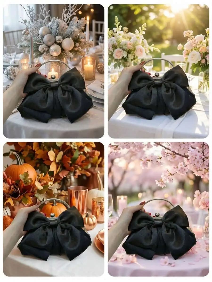 Elegante borsa a tracolla nera con fiocco per donna, borsa da sera per matrimoni, feste ed eventi formali