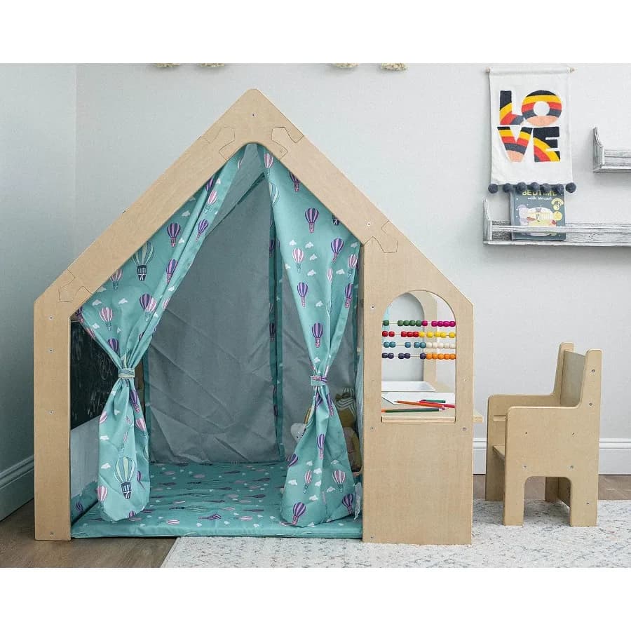 Casetta da gioco per interni 5 in 1 con tavolo da scrivania, sedia, lavagna, cuscino da pavimento e tende - Stile Montessori e Waldorf per