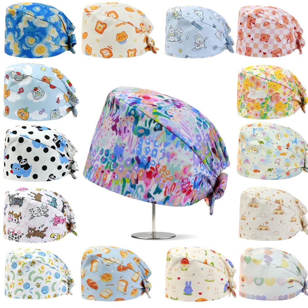 Cappelli Chirurgici con Motivo a Grappoli Floreali, Copricapo Infermieristico con Cartoni Animati, Cappelli Regolabili per Capelli Corti, Cappelli da Dentista K1325