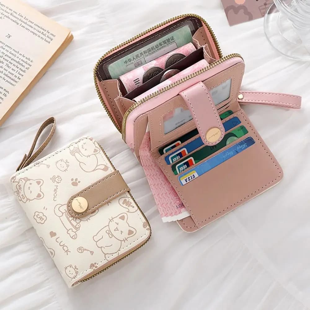 New Cute Cat Short Wallet PU Leather Large Capacity ID Card Holder Lightweight Money Bag