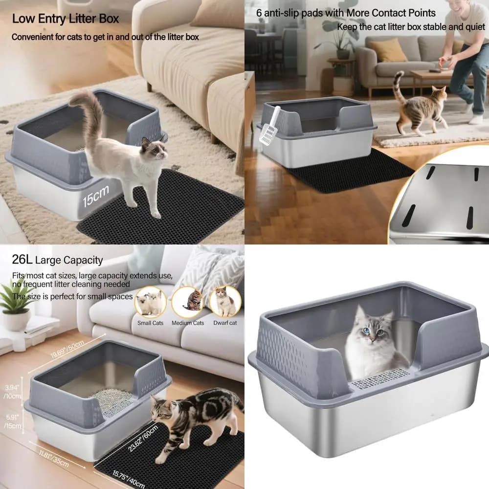 Lettiera per Gatti Coperta in Acciaio Inossidabile con Tappetino e Paletta, Ideale per Gattini e Gatti Anziani