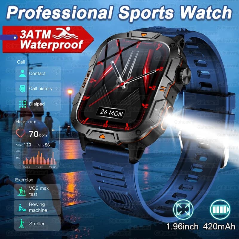 Sport Astuto Della Vigilanza Degli Uomini 1.96 "AMOLED Schermo GPS Tracker Torcia A LED 420mAh Batteria Impermeabile Bluetooth Chiamata Orologio