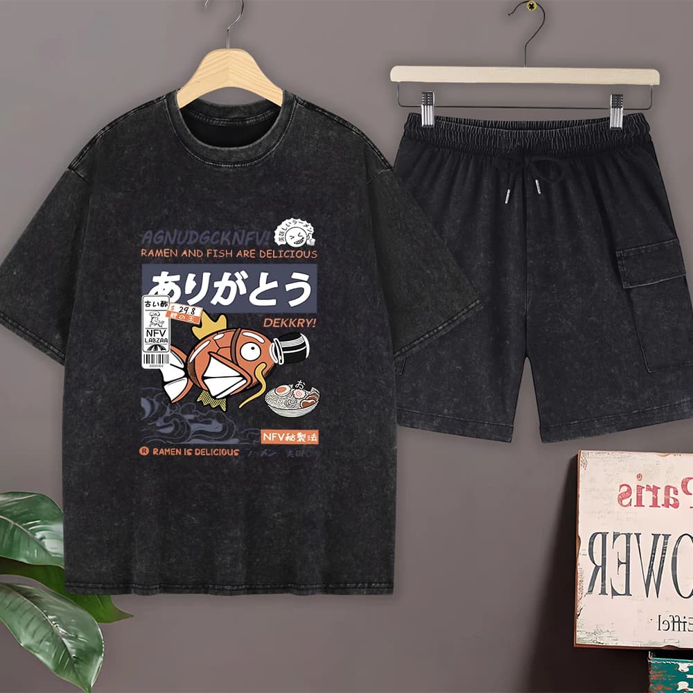 Men's T-shirts and cargo shorts set in washed cotton, style Harajuku Fish Eating Noodles, summer oversize, crew neck, short sleeve