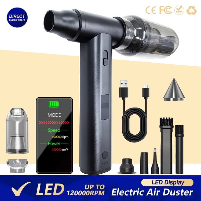 Ventilatore a getto senza spazzole con display a LED – Spolverino elettrico per polvere, rimozione neve, tastiera, auto, fotocamera – Turbo ventilatore portatile