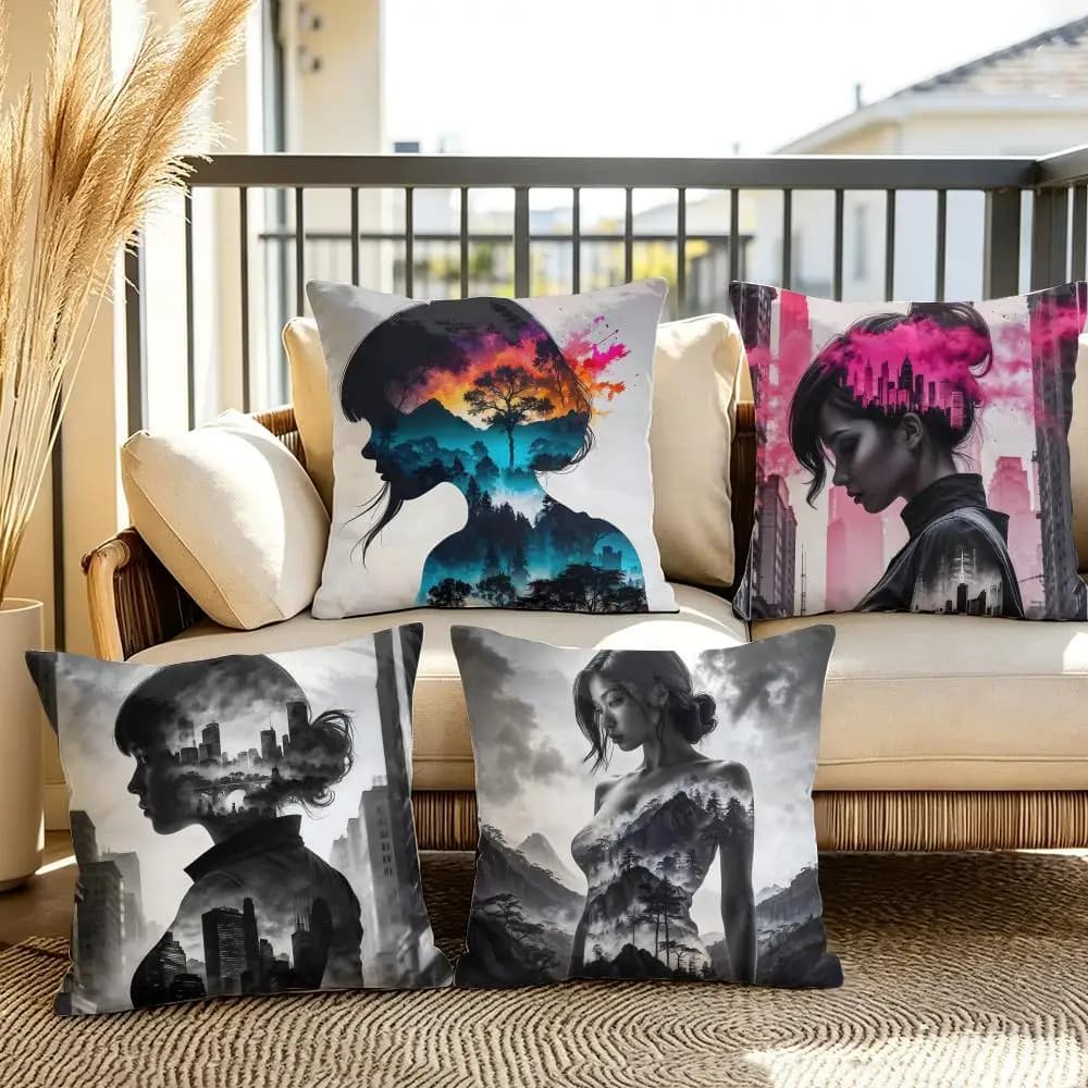 Fodera per cuscino Cyberpunk City Girl, federa estiva in lino, fodera per cuscino in tessuto organico, stampa fronte-retro, decorazione per divano e casa