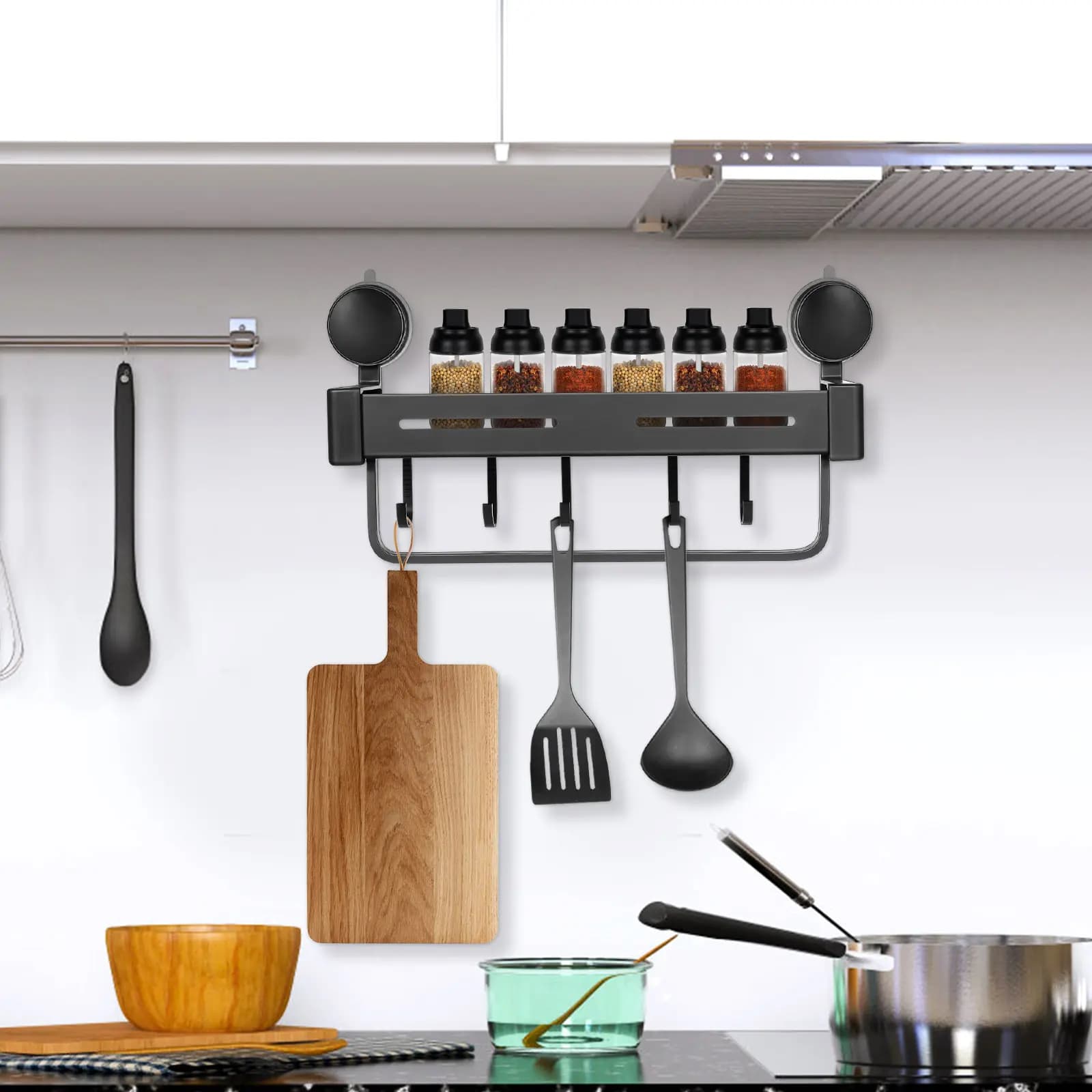 Organizzatore da Cucina con Ventosa Grigio Moderno, Mensola Sospesa a Parete, Porta Spezie con Ganci, Organizer da Appoggio per Cucina