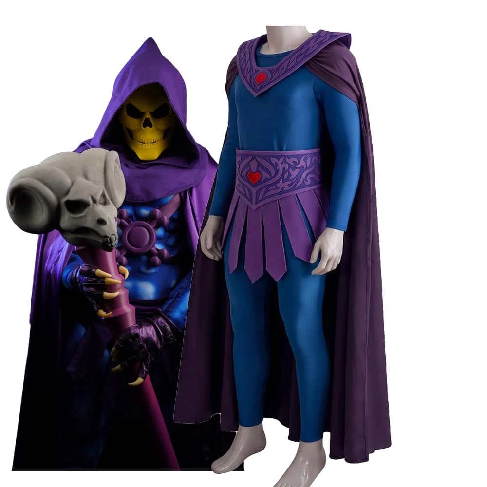 Skeletor Cosplay Blue Jumpsuit Belt Hooded Purple Cloak Uniform Set King of Skull Costume Suit Halloween Carnival for Man