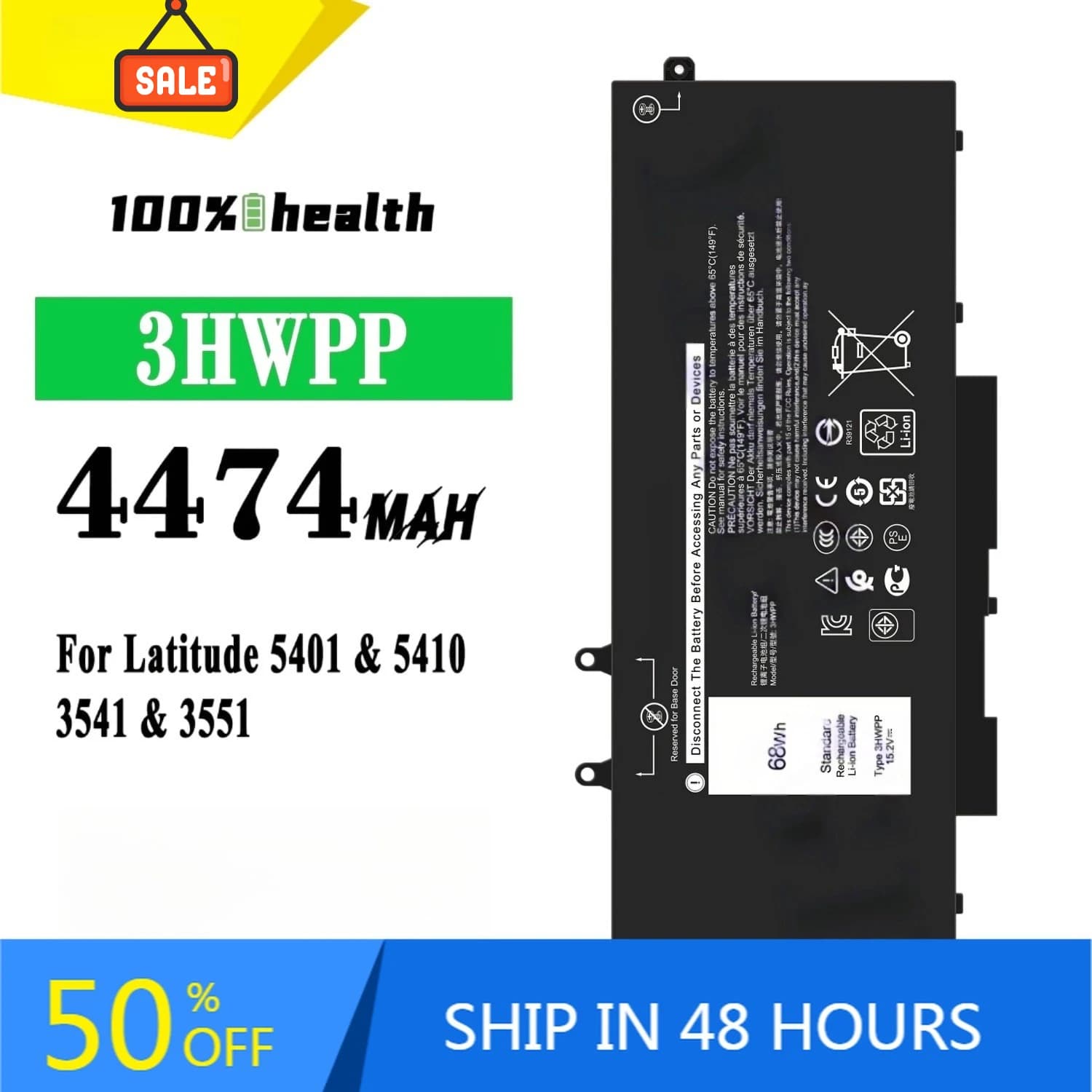 3HWPP 4474mAh Laptop Battery for Dell Latitude 5401 5410 3541 3551 Lithium Rechargeable Battery