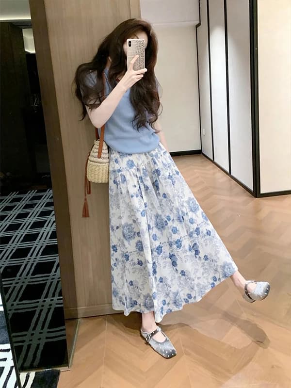 Summer 2026 New Fashionable Casual Ladies Set High Waist Midi Skirt Short Sleeve round Neck T-Shirt Two-Piece Ensemble