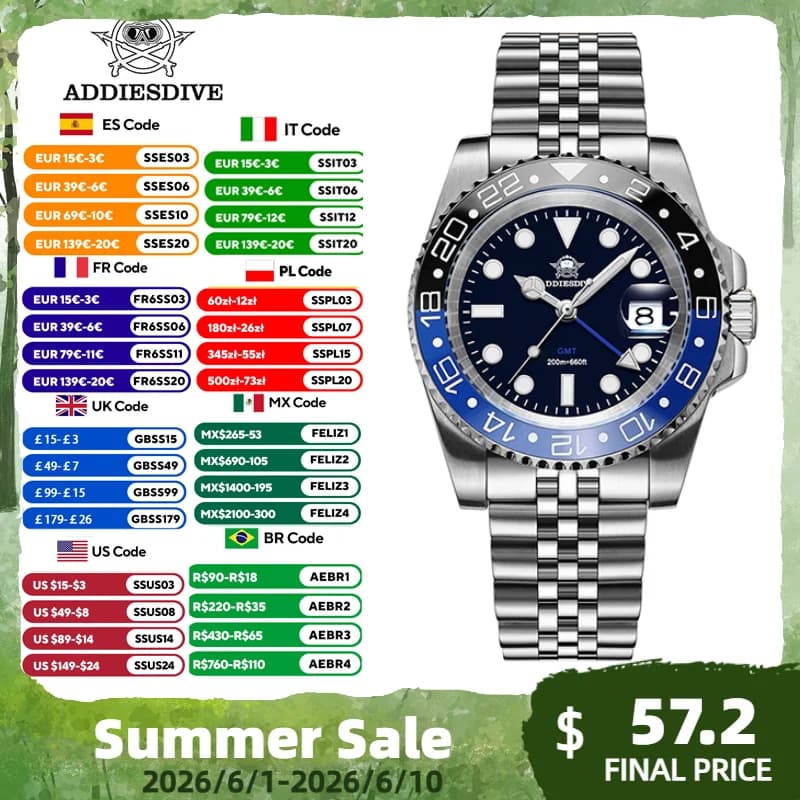 ADDIESDIVE Top Brand In Acciaio Inox GMT Orologio Al Quarzo Da Uomo Super Luminoso AD2050 Reloj Hombre 200M Impermeabile Orologi Subacquei di Lusso