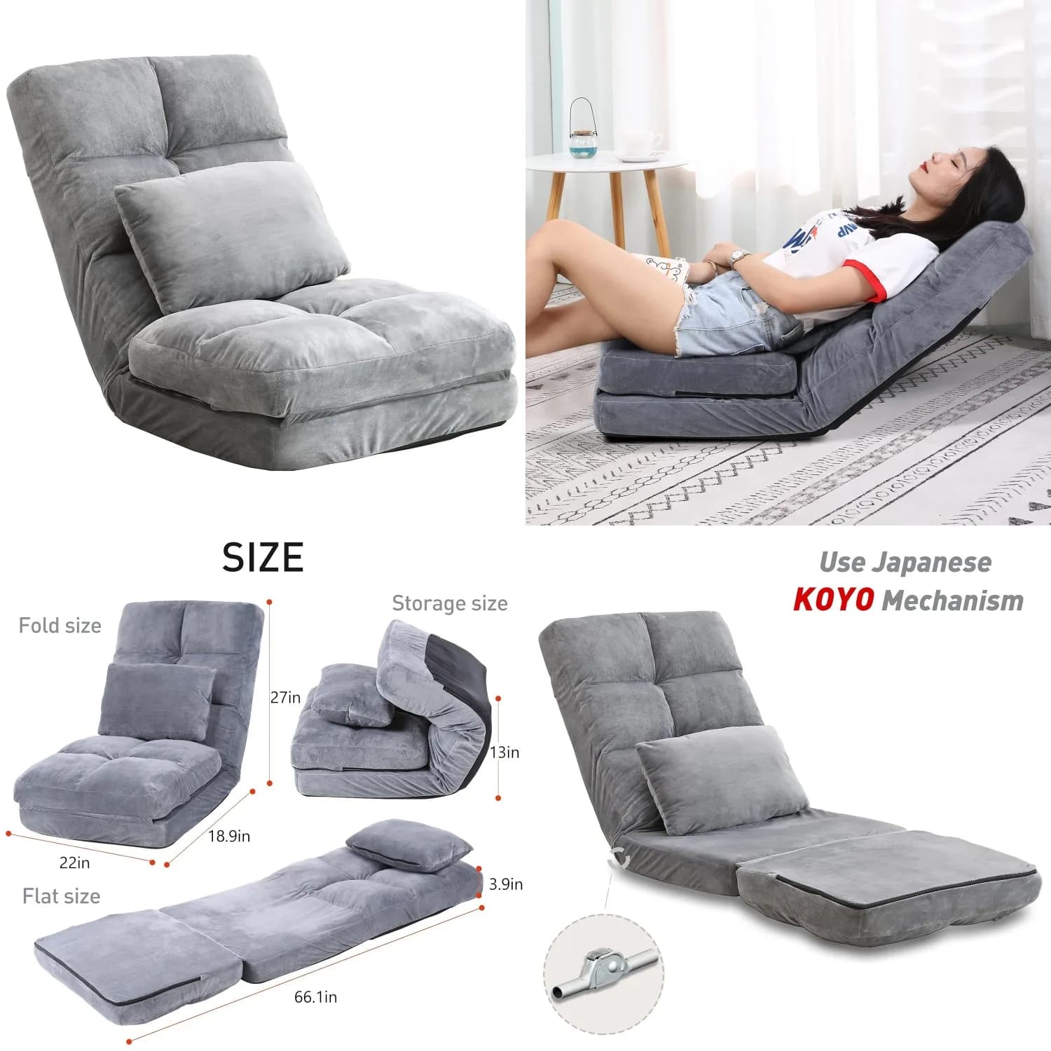 Divano Reclinabile Pieghevole Regolabile con Cuscino di Supporto Lombare, Sedia a 14 Angolazioni per Soggiorno e Camera da Letto, Grigio, Personalizzabile